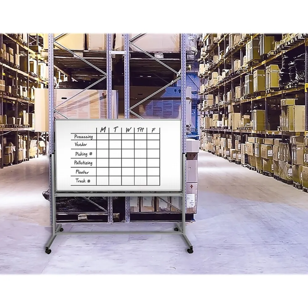 Dry Erase*Luxor Dry-Erase Mobile Combination Ghost Grid/Whiteboard, Aluminum Frame, 40" x 72" (MB7240LB)