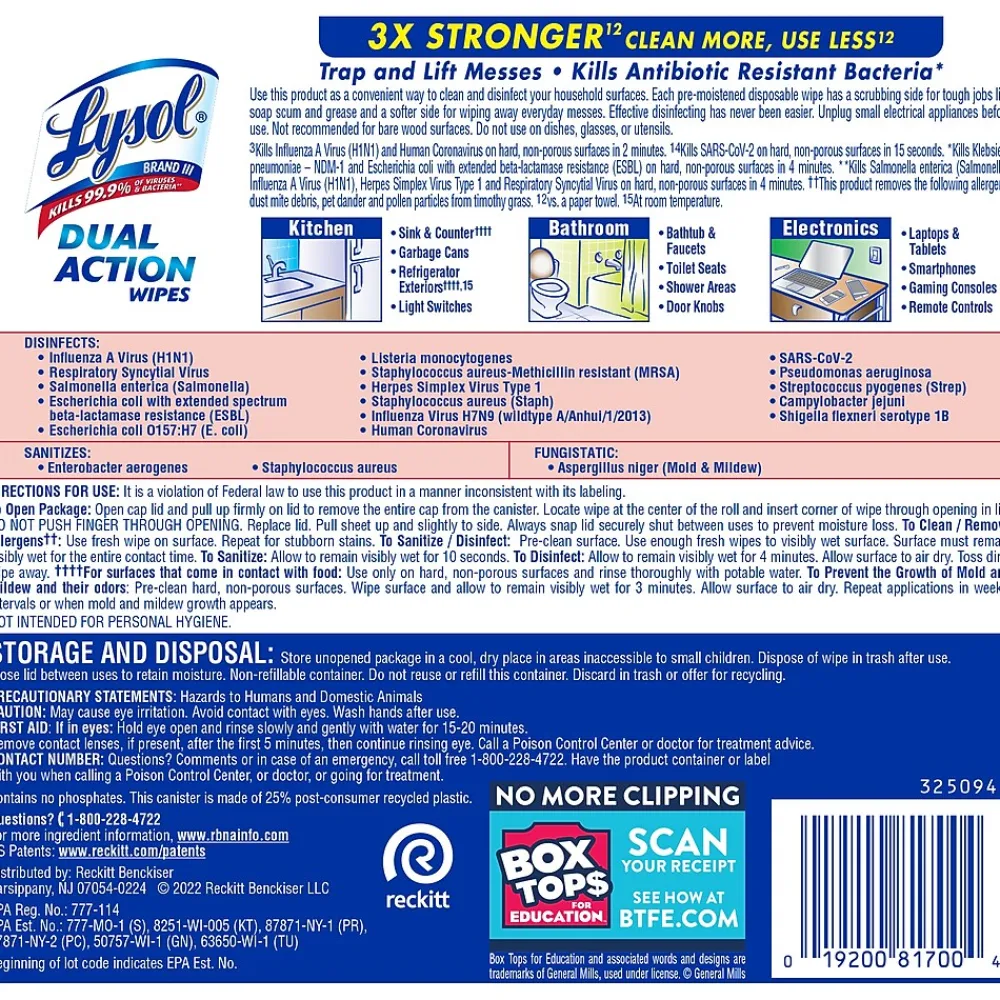 Dual Action Disinfecting Wipes, Citrus, 75 Wipes/Pack (1920081700)<Lysol New