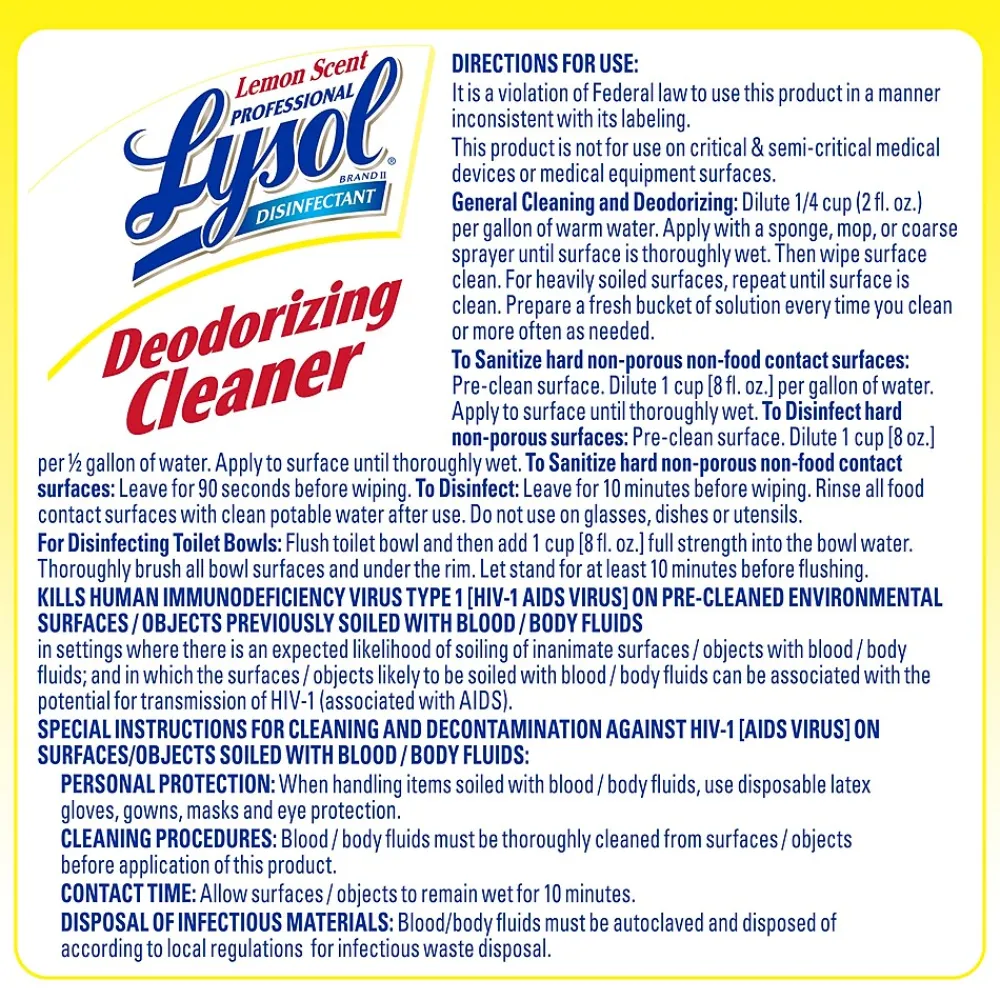 Professional Disinfecting Deodorizing Cleaner, Lemon, 128 oz., 4/Carton (3624176334CT)<Lysol Discount