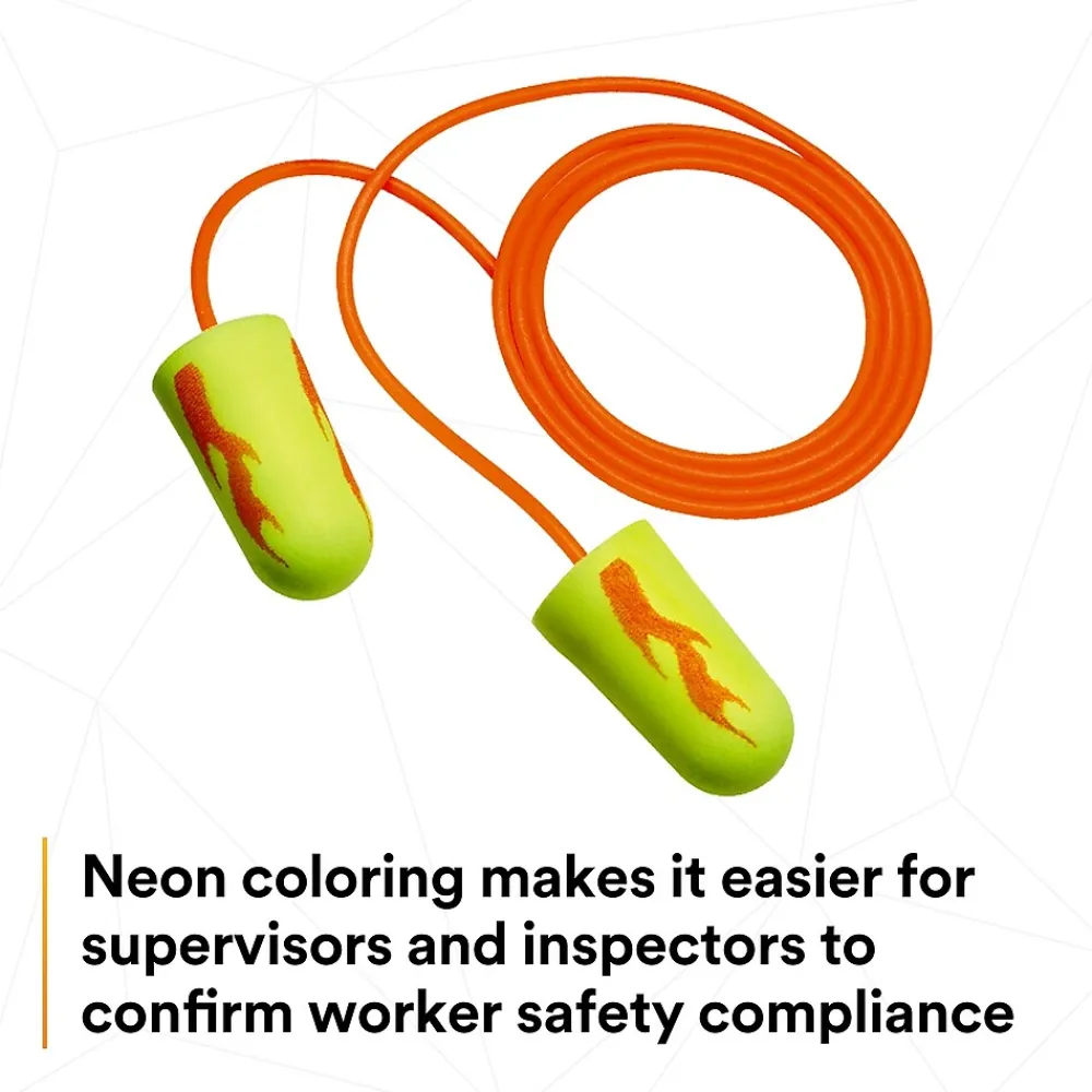 3M E-A-Rsoft Yellow Neon Blasts Earplugs, Corded, Poly Bag, Regular Size, 200 Pairs/Pack(311-1252)