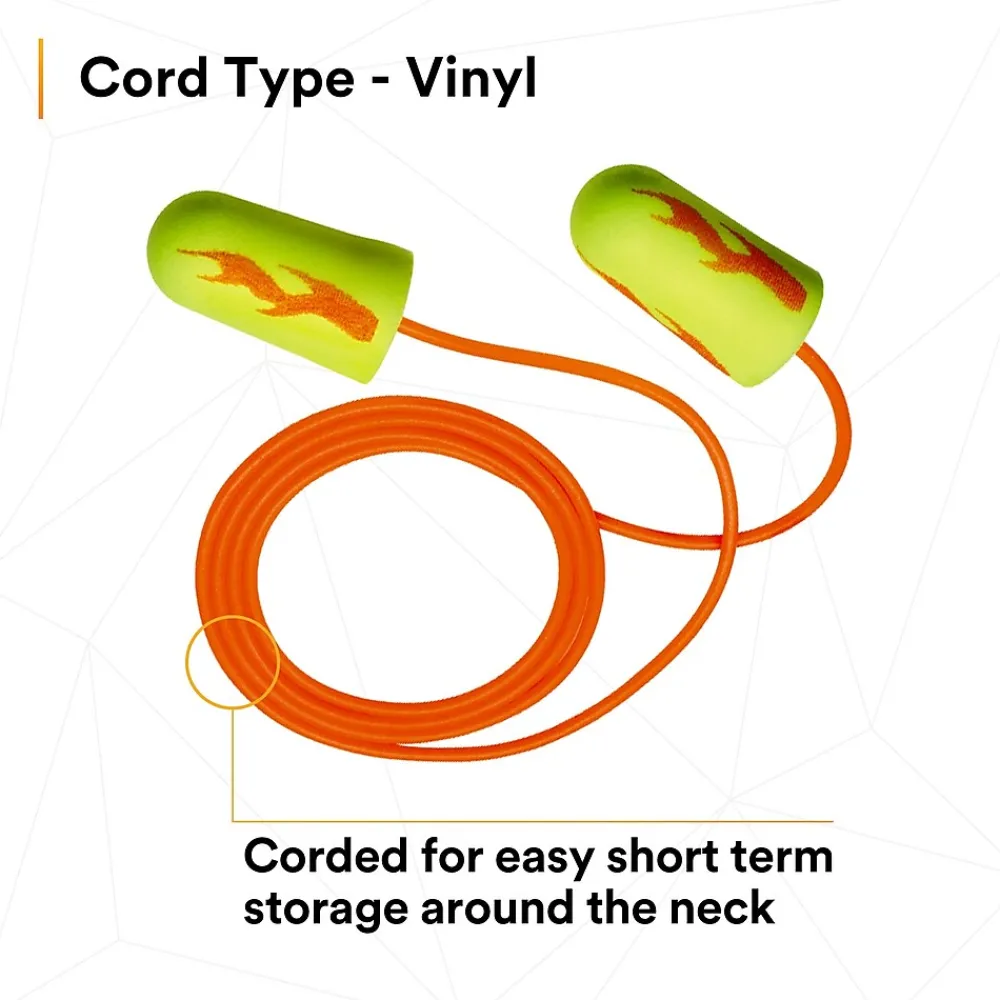 3M E-A-Rsoft Yellow Neon Blasts Earplugs, Corded, Poly Bag, Regular Size, 200 Pairs/Pack(311-1252)