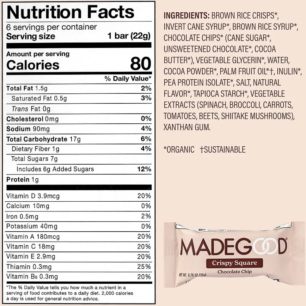 MadeGood Chocolate Chip Crispy Squares, 0.78 oz, 6/Box, 6 Boxes/Pack (307-00429)