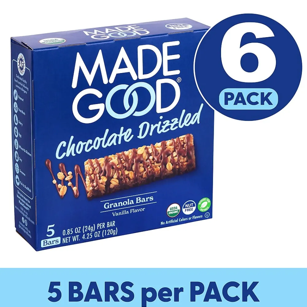 MadeGood Chocolate Drizzled Granola Bars, Vanilla, 0.85 oz, 5/Box, 6 Boxes/Pack (307-00427)