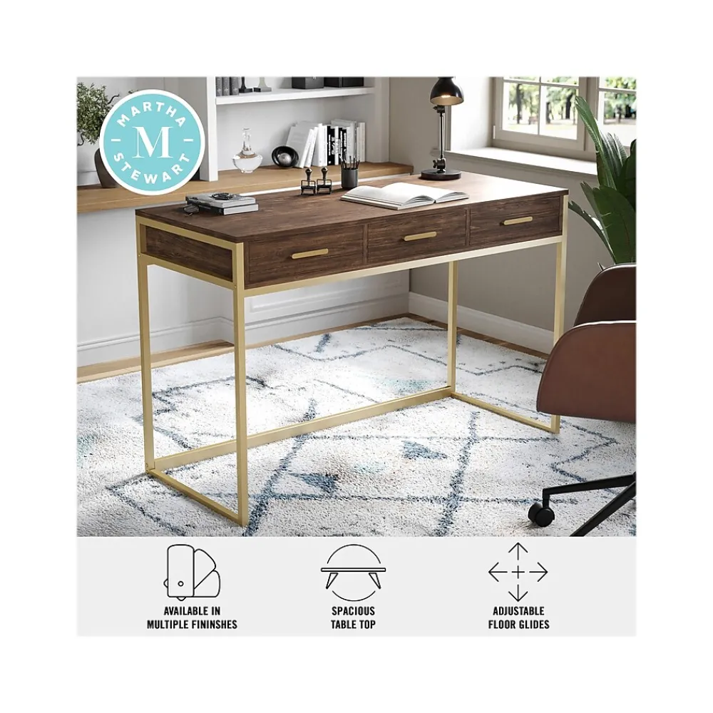 Office Desks*Martha Stewart Ollie 47"W Home Office Desk with 3 Drawers, Walnut/Polished Brass (ZGZP028BRGLD)
