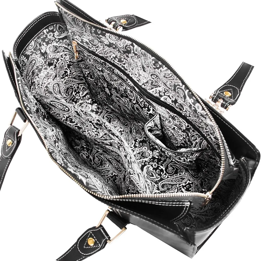 M Series, GLENNA, Genuine Cowhide Leather, Ladies' Tote with Tablet Pocket, Black (97555)<McKlein