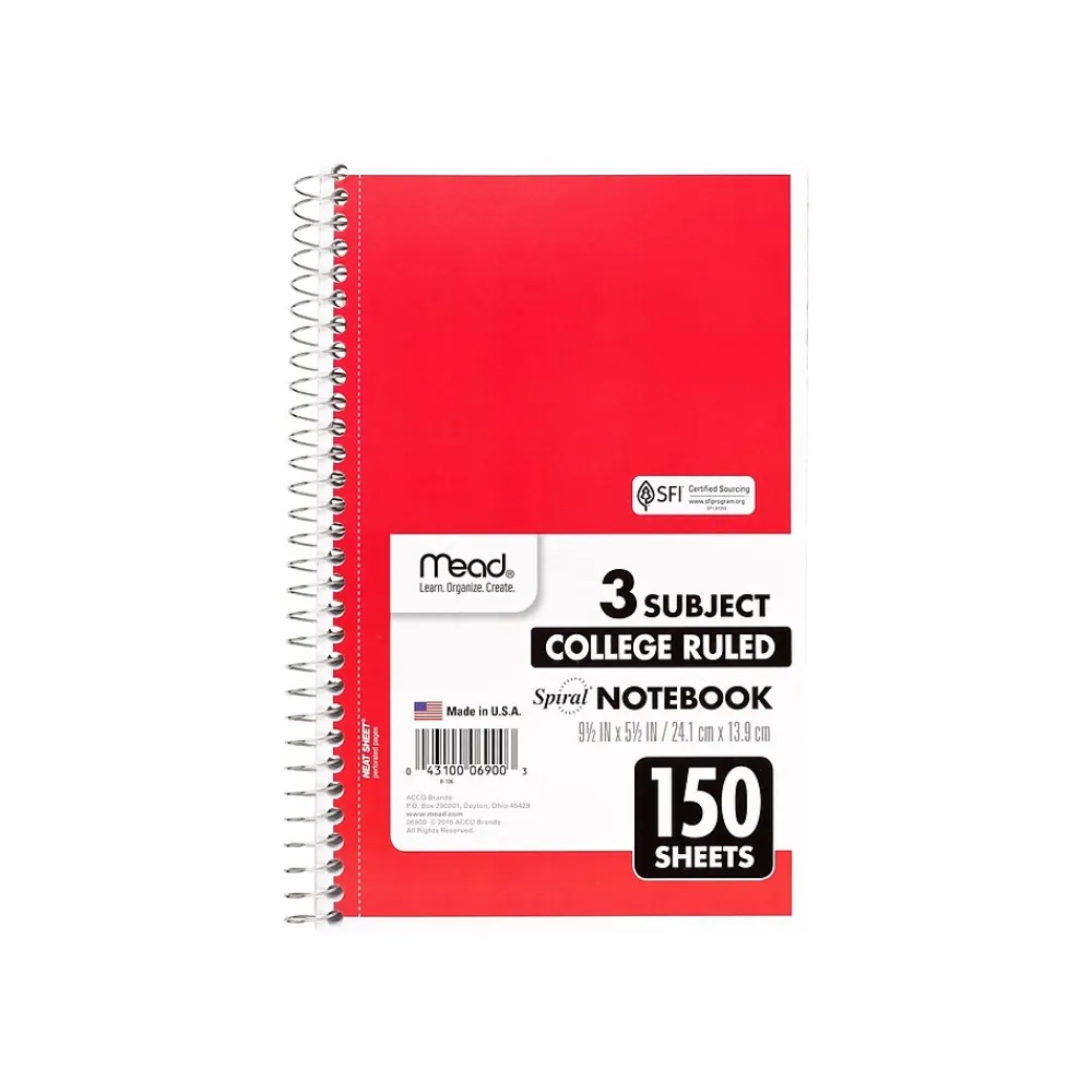 Notebooks|Mead Spiral 3-Subject Notebooks, 5.5" x 9.5", College Ruled, 150 Sheets (06900)