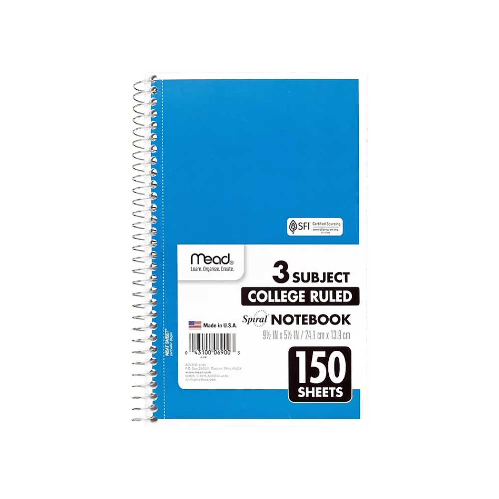 Notebooks|Mead Spiral 3-Subject Notebooks, 5.5" x 9.5", College Ruled, 150 Sheets (06900)