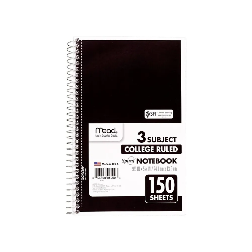 Notebooks|Mead Spiral 3-Subject Notebooks, 5.5" x 9.5", College Ruled, 150 Sheets (06900)
