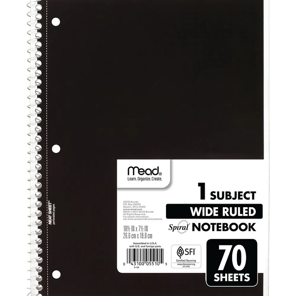 Subject Notebooks|Mead 1-Subject Notebooks, 8" x 10.5", Wide Ruled, 70 Sheets, Each (05510)