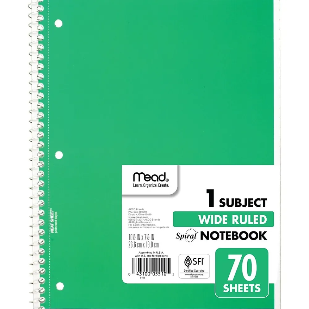 Subject Notebooks|Mead 1-Subject Notebooks, 8" x 10.5", Wide Ruled, 70 Sheets, Each (05510)