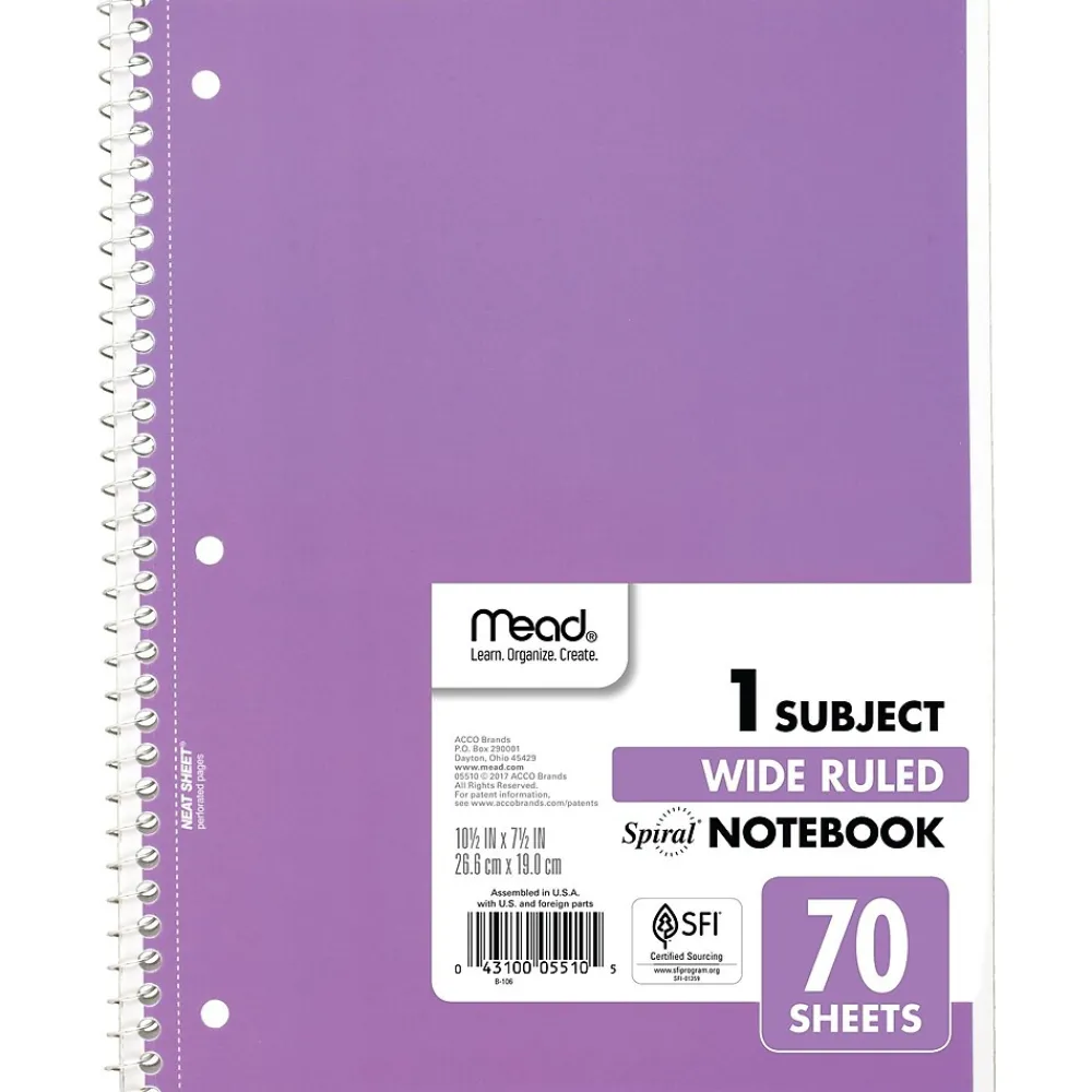 Subject Notebooks|Mead 1-Subject Notebooks, 8" x 10.5", Wide Ruled, 70 Sheets, Each (05510)