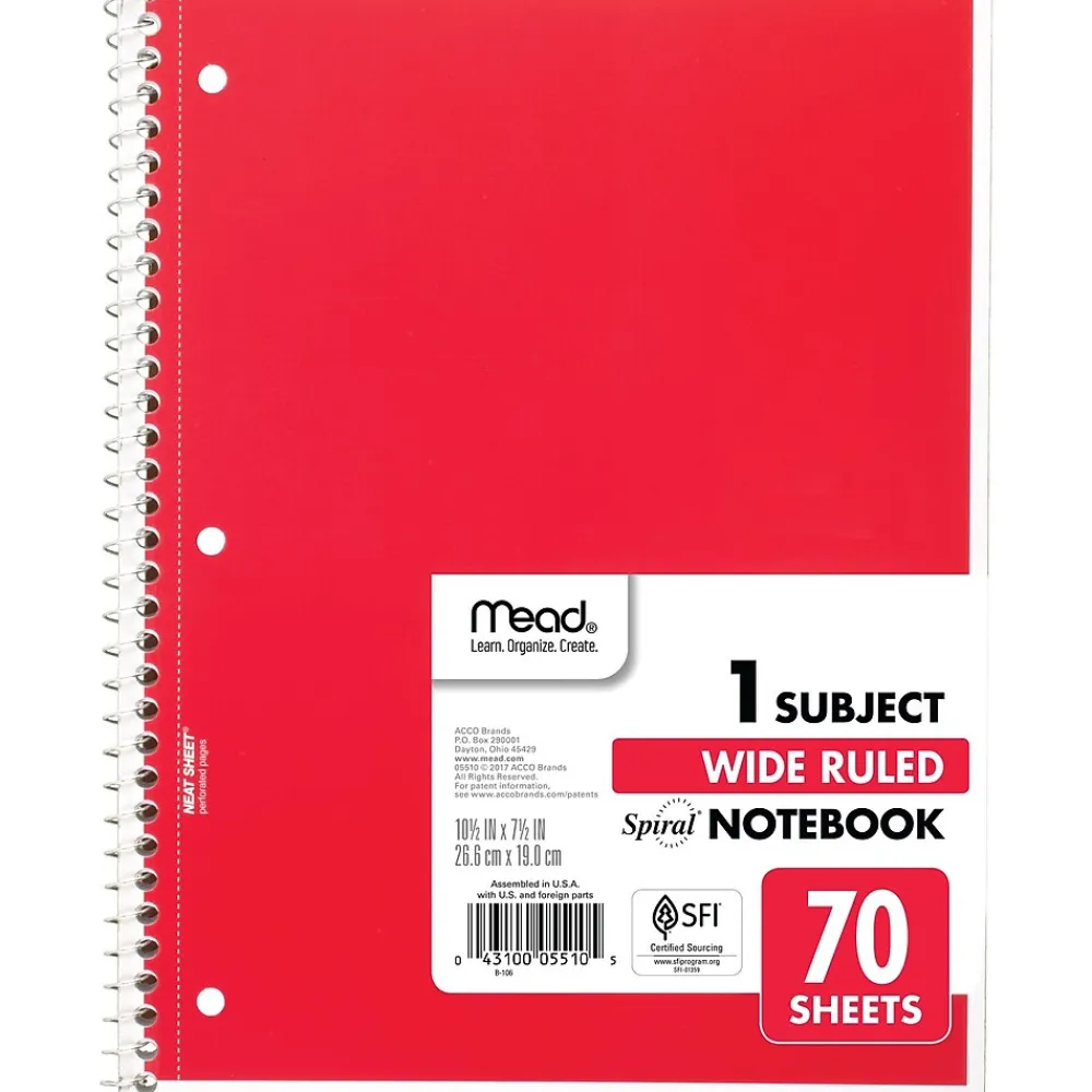 Subject Notebooks|Mead 1-Subject Notebooks, 8" x 10.5", Wide Ruled, 70 Sheets, Each (05510)