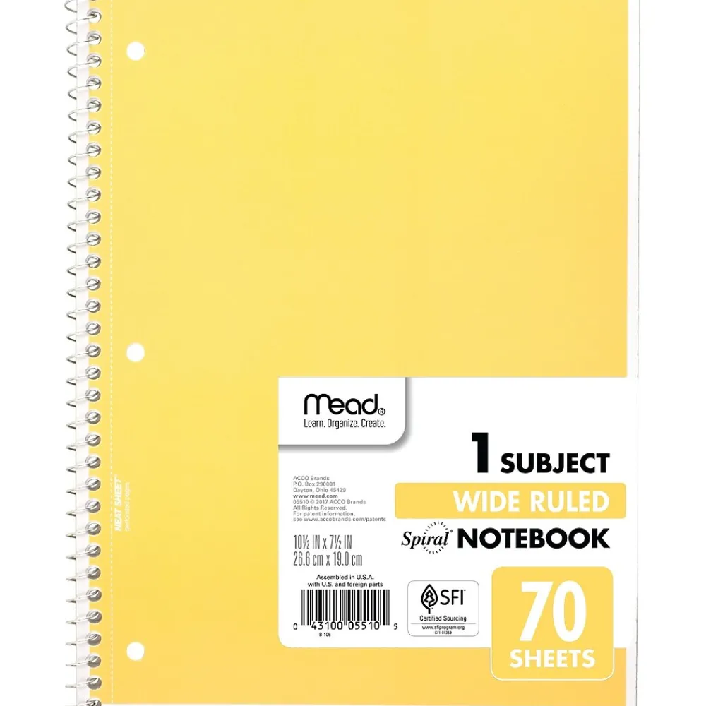 Subject Notebooks|Mead 1-Subject Notebooks, 8" x 10.5", Wide Ruled, 70 Sheets, Each (05510)