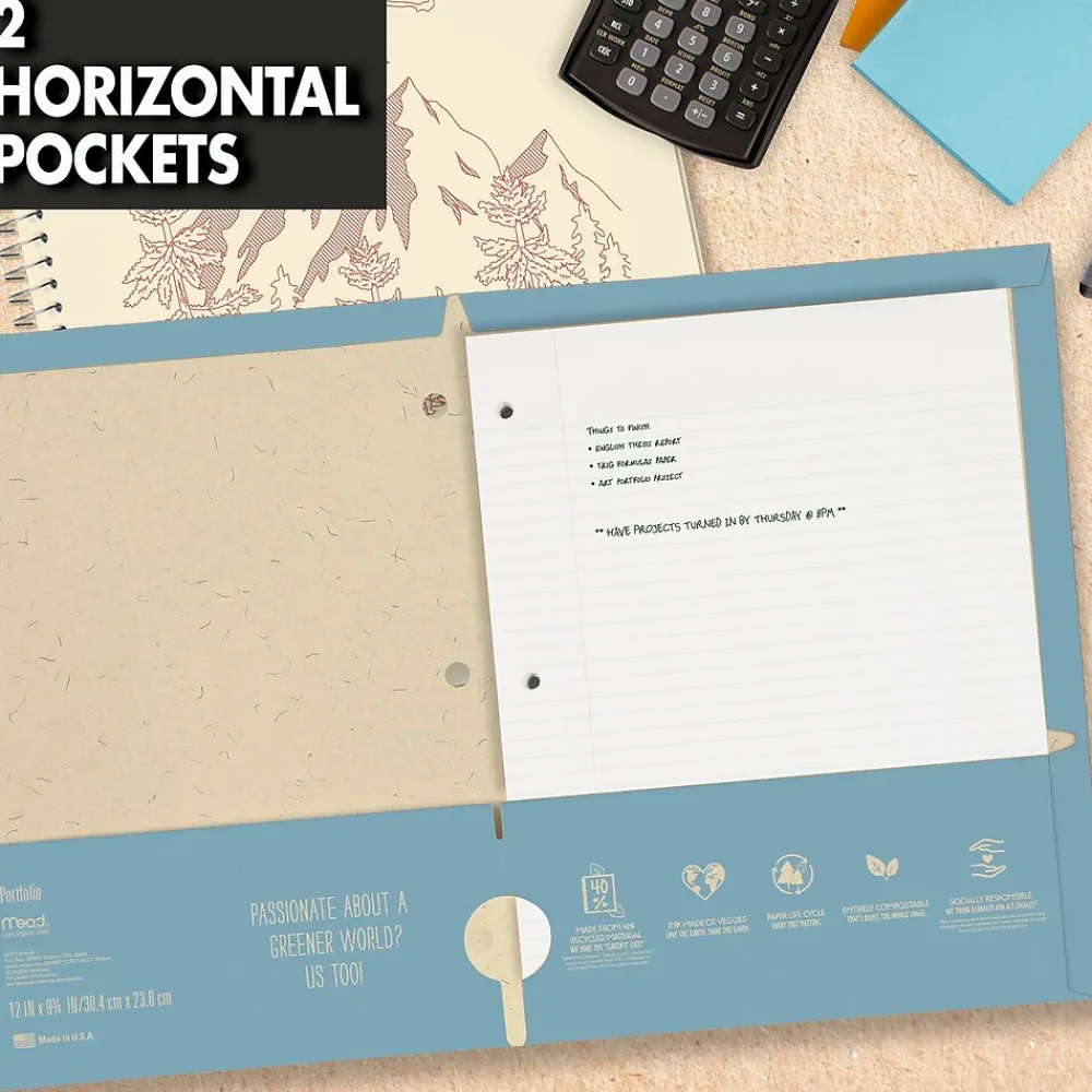 Pocket Folders|Mead We Mean Green 3-Hole Punched 2-Pocket Paper Folders, Assorted Colors (330000F)