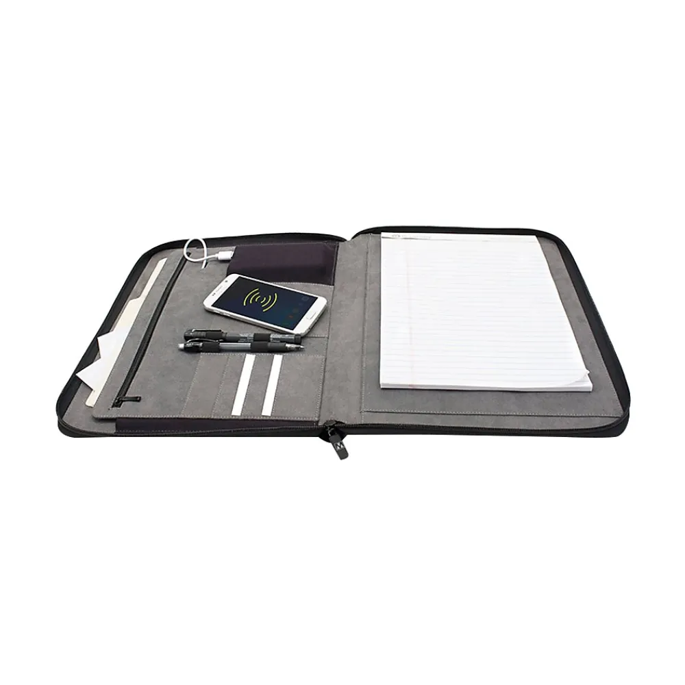 Wireless Charging Faux Leather Padfolio with Zipper Closure, Black (UN1-PP-PU-B)<M-Edge Outlet