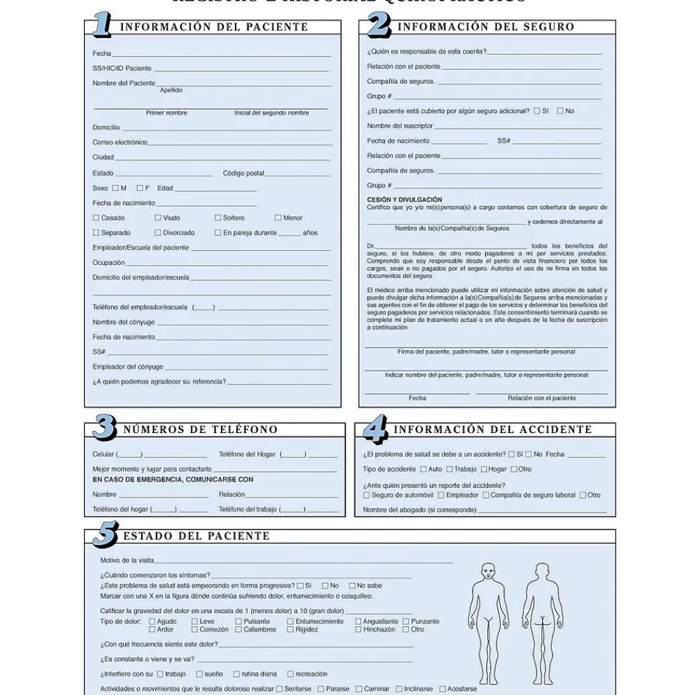 Medical Forms*Medical Arts Press ® Chiropractic Registration and History Form without Updates; Sky Blue, Spanish