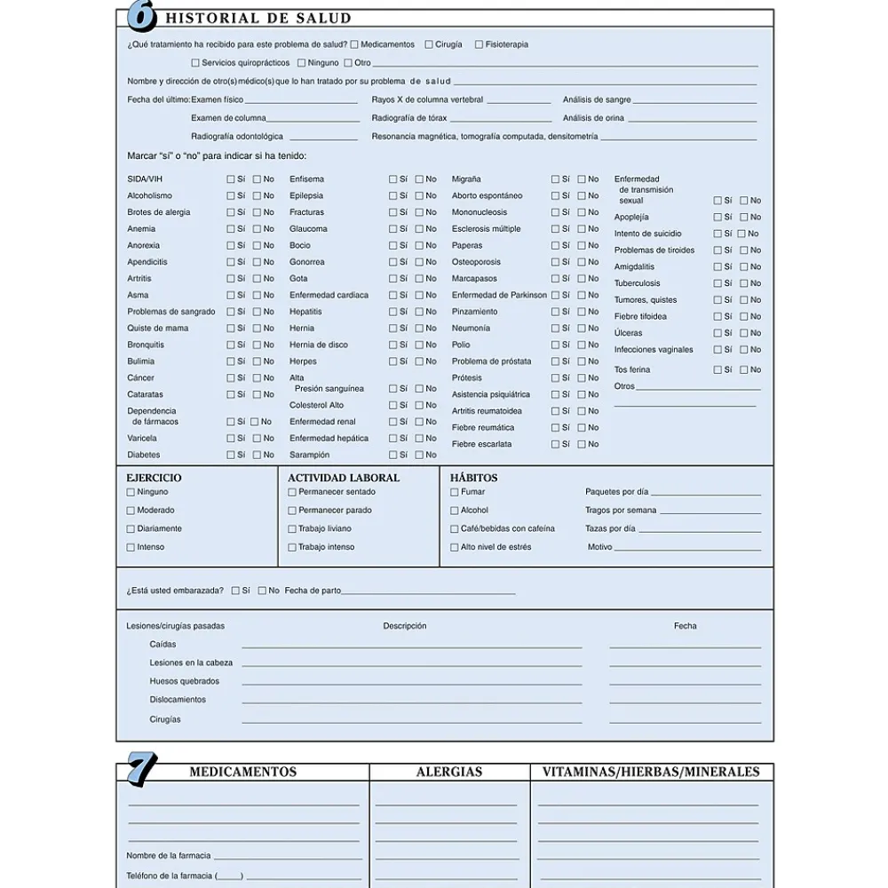 Medical Forms*Medical Arts Press ® Chiropractic Registration and History Form without Updates; Sky Blue, Spanish
