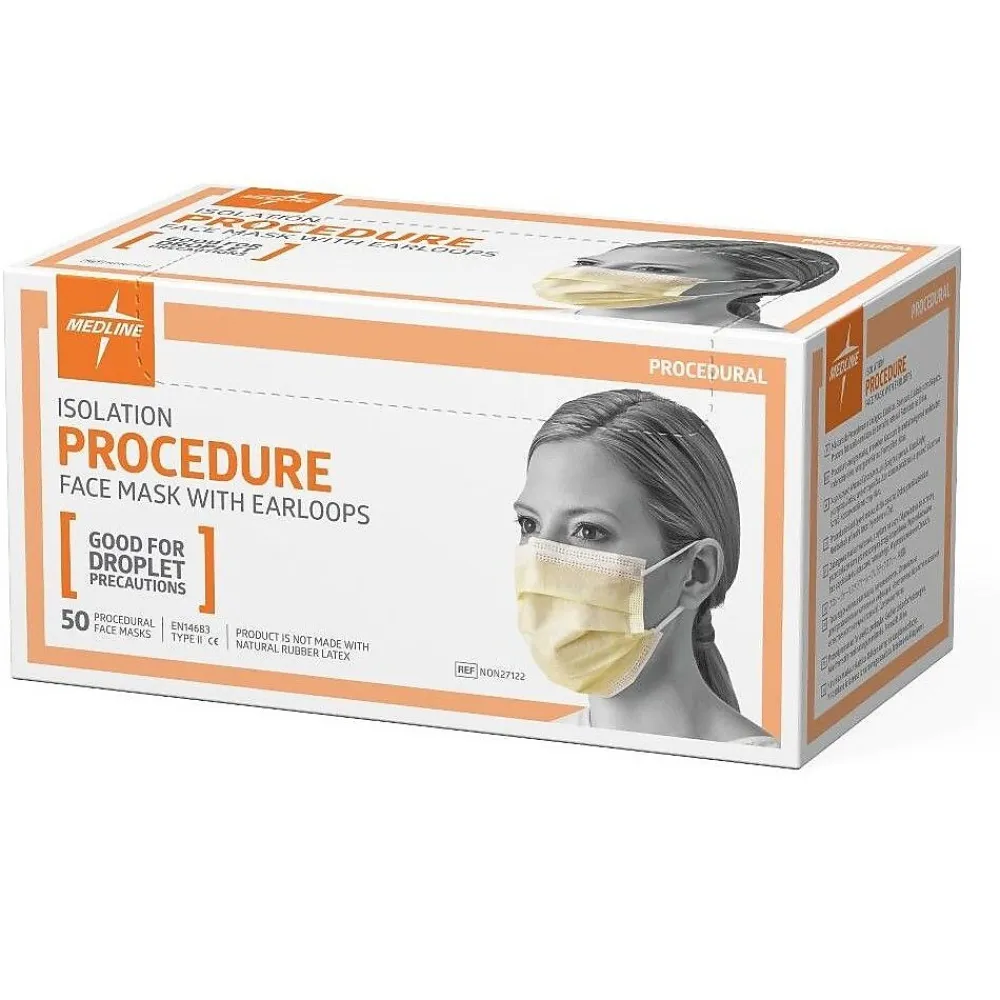 Medline Isolation Face Masks with Earloops, Yellow, 50/Box (NON27122Z)<Prohibit