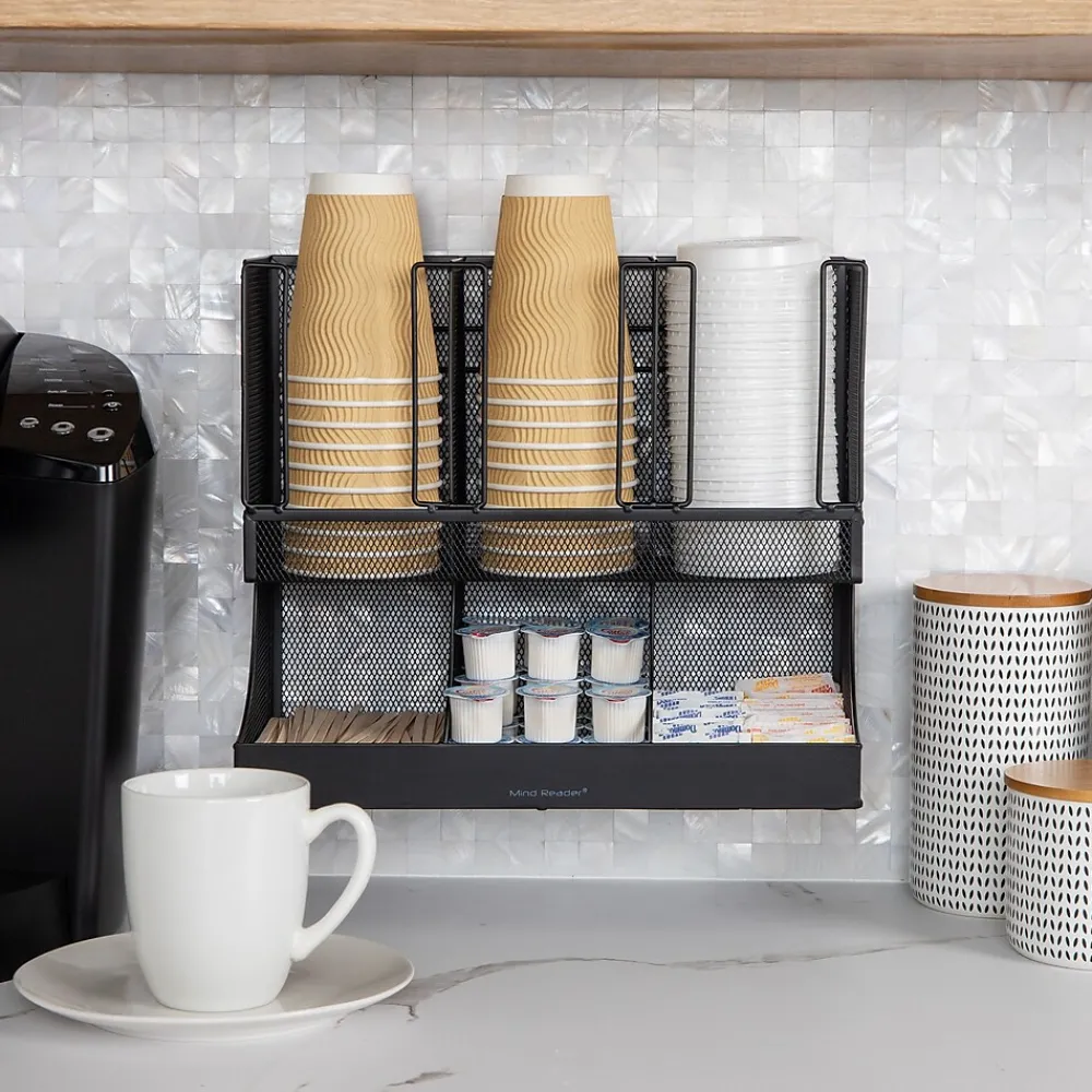 Mind Reader 6 Compartment Metal Coffee Cup and Condiment Organizer, Black (UPMESH-BLK)