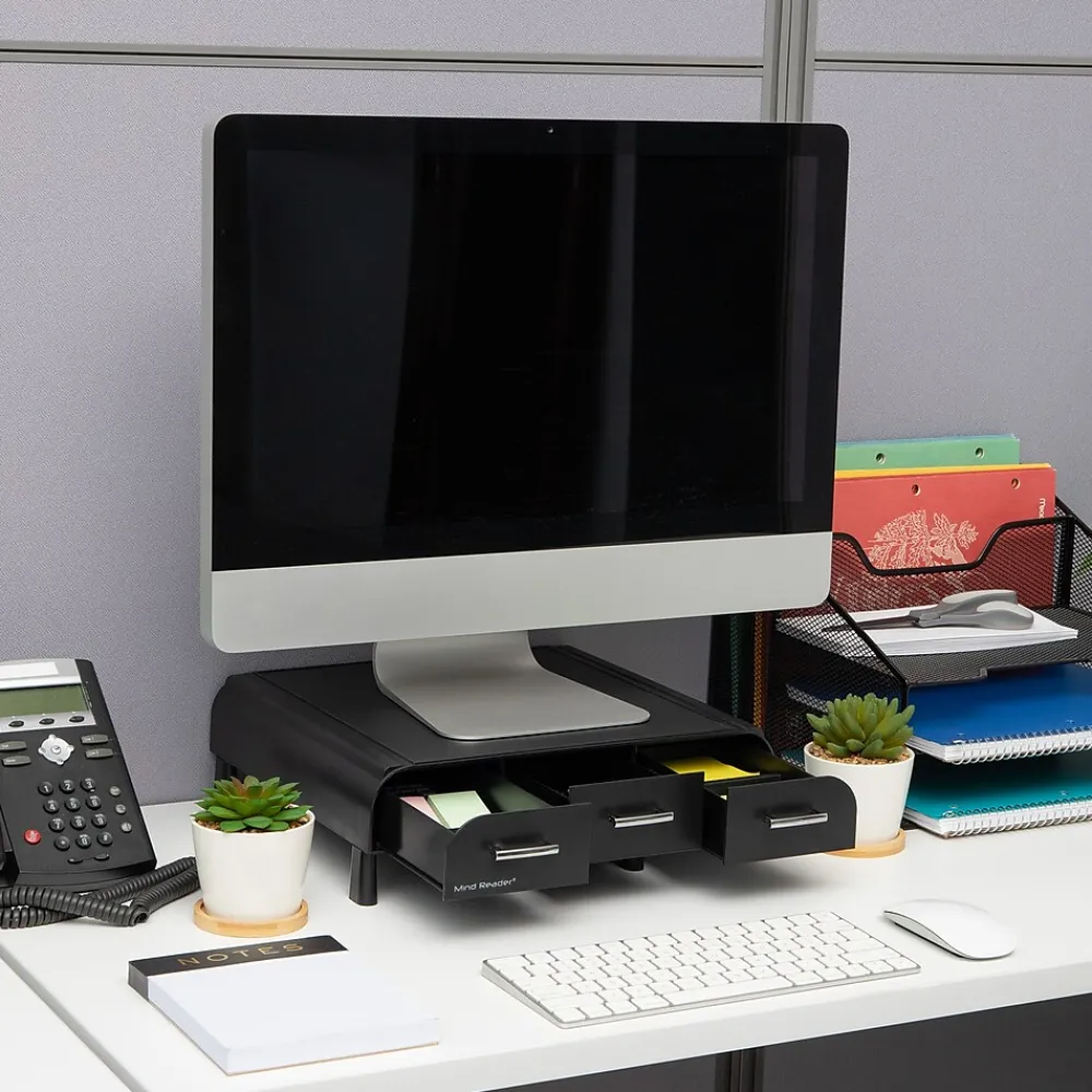 Sale Mind Reader Monitor Stand and Desktop Organizer with 3 Storage Drawers, Black, 2/Pack (2MONSTA3D-BLK)