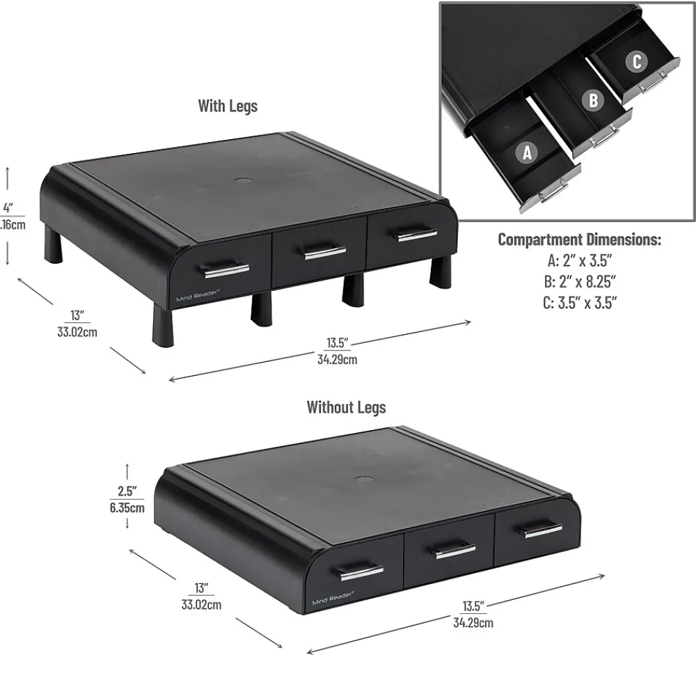 Sale Mind Reader Monitor Stand and Desktop Organizer with 3 Storage Drawers, Black, 2/Pack (2MONSTA3D-BLK)