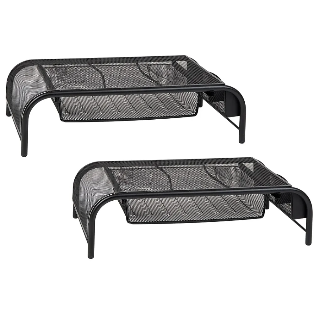 Clearance Mind Reader Monitor Stand with Paper Tray, Up to 24" Monitor, Black, 2/Pack (2MESHMON-BLK)