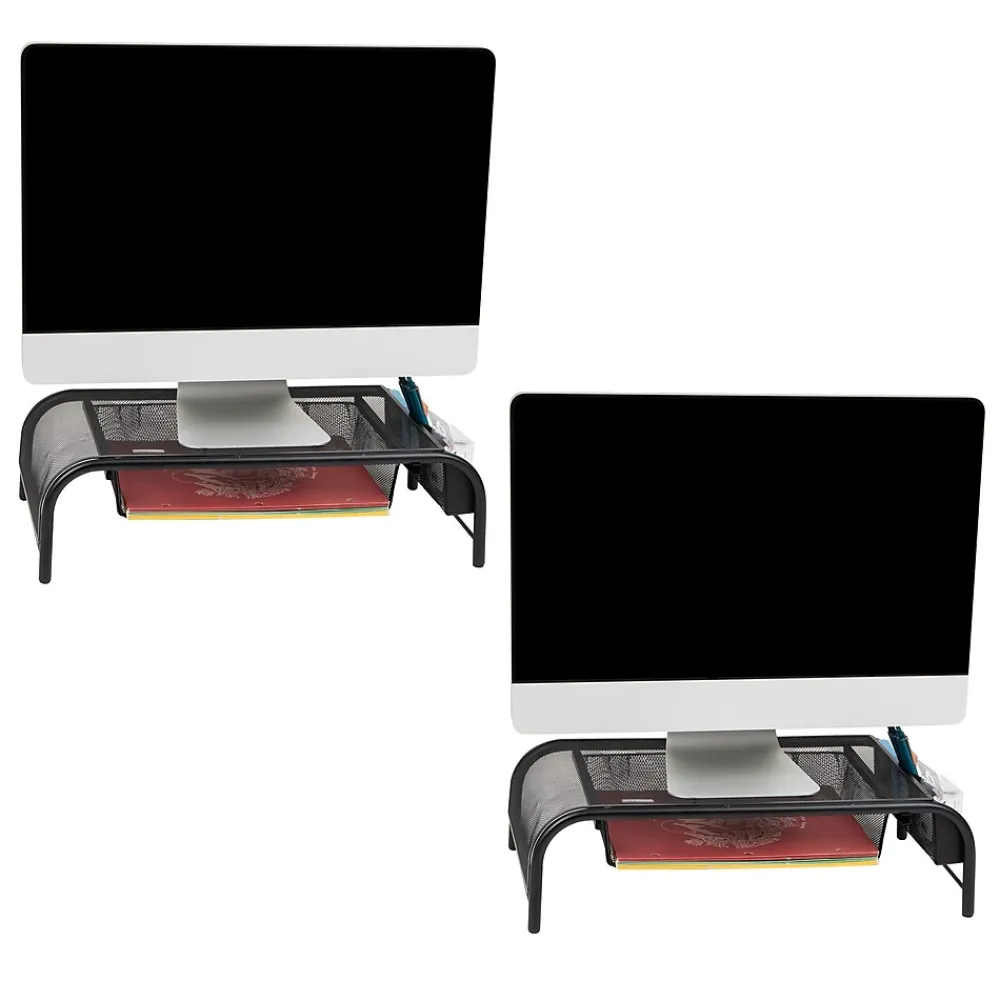 Clearance Mind Reader Monitor Stand with Paper Tray, Up to 24" Monitor, Black, 2/Pack (2MESHMON-BLK)