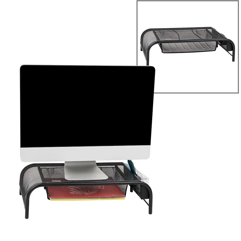 Clearance Mind Reader Monitor Stand with Paper Tray, Up to 24" Monitor, Black, 2/Pack (2MESHMON-BLK)