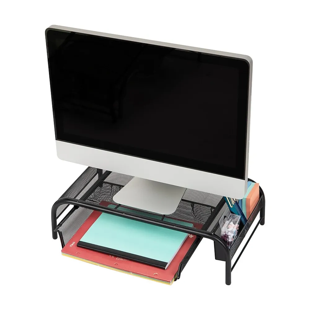 Clearance Mind Reader Monitor Stand with Paper Tray, Up to 24" Monitor, Black, 2/Pack (2MESHMON-BLK)