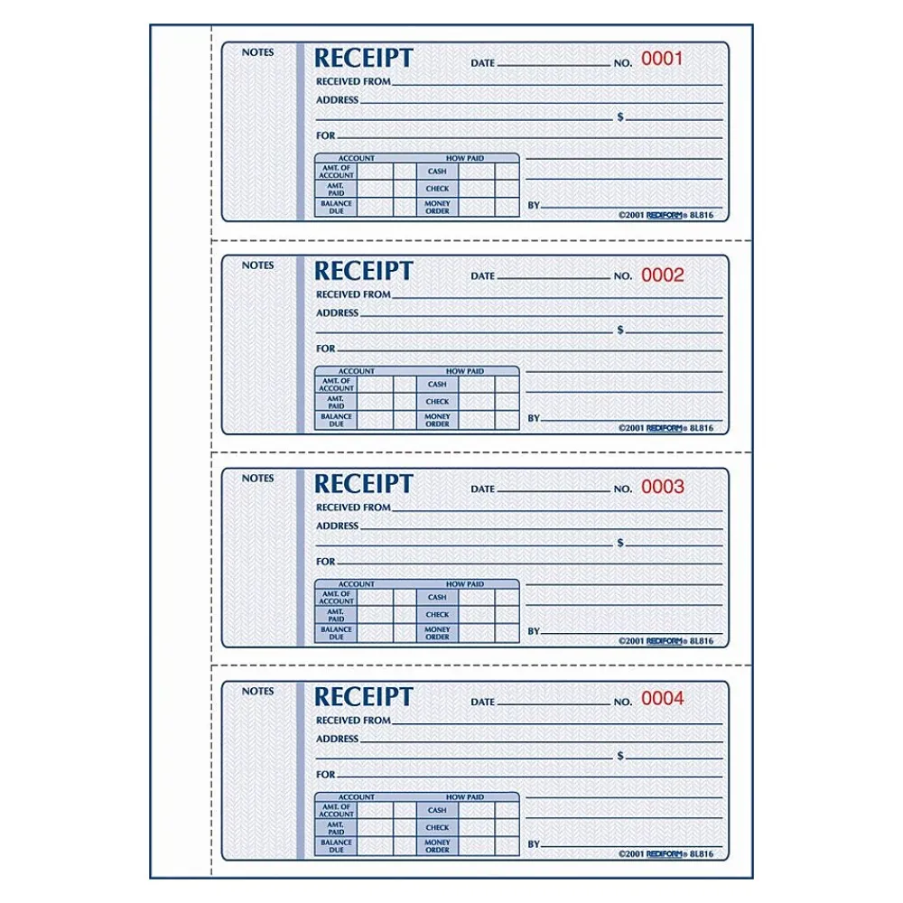 Accounting & Record Journals*Rediform Money Receipt Forms, Carbonless, 3 Part, Hard Cover, 2-3/4" x 7", 200 Sets/Book (RED8L818)