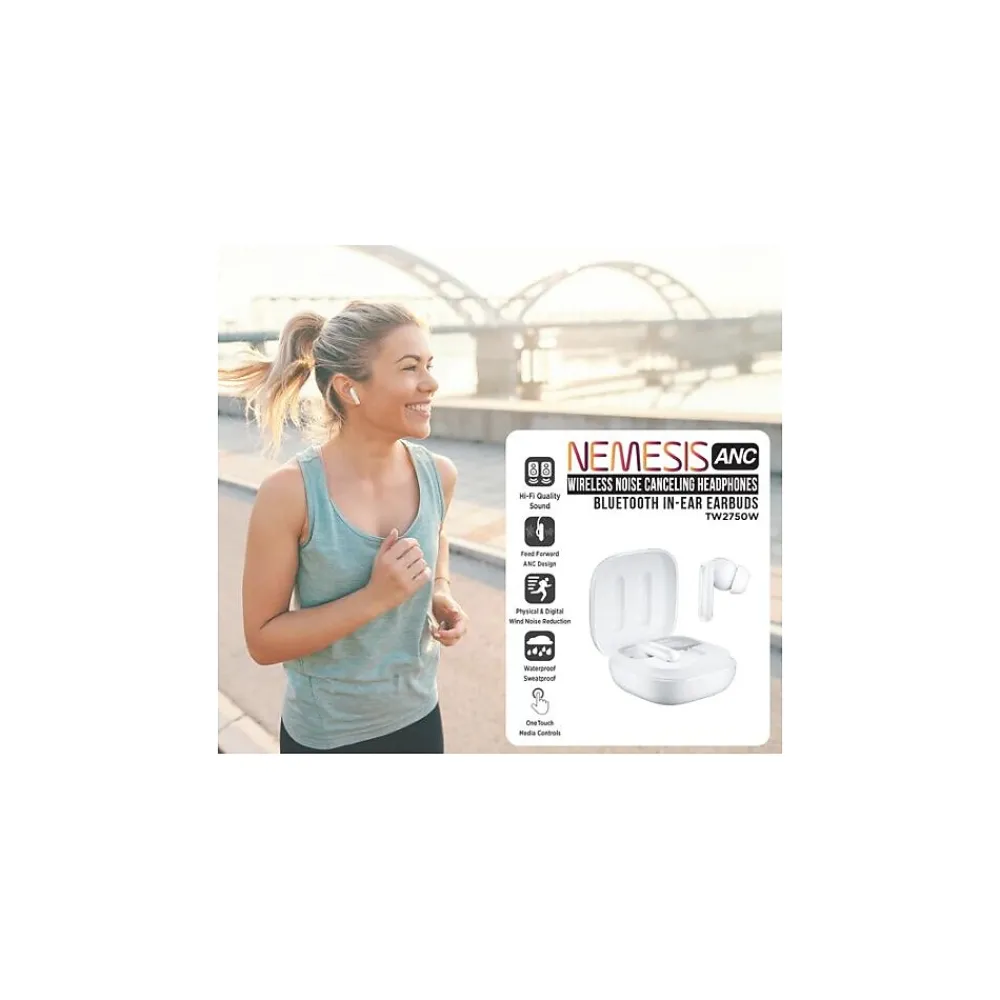Nemesis Wireless Active Noise Canceling Earbuds, Bluetooth, White (TW2750W)<Morpheus 360 Hot