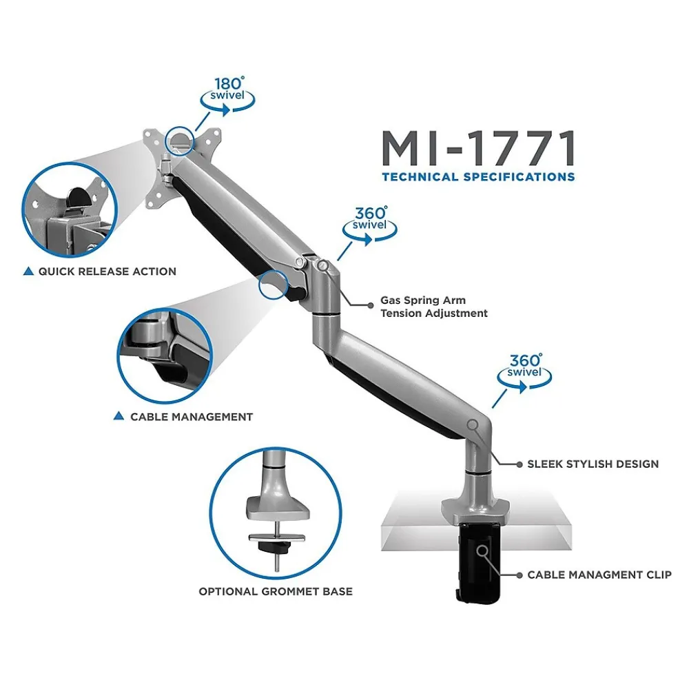 Online Mount-It! Mount it Display Stands Adjustable Monitor Arm, Up to 32", Silver (MI-1771)