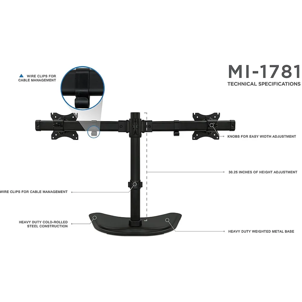 Discount Mount-It! Adjustable Dual Monitor Freestanding Desk Stand, Up to 27", Black (MI-1781)