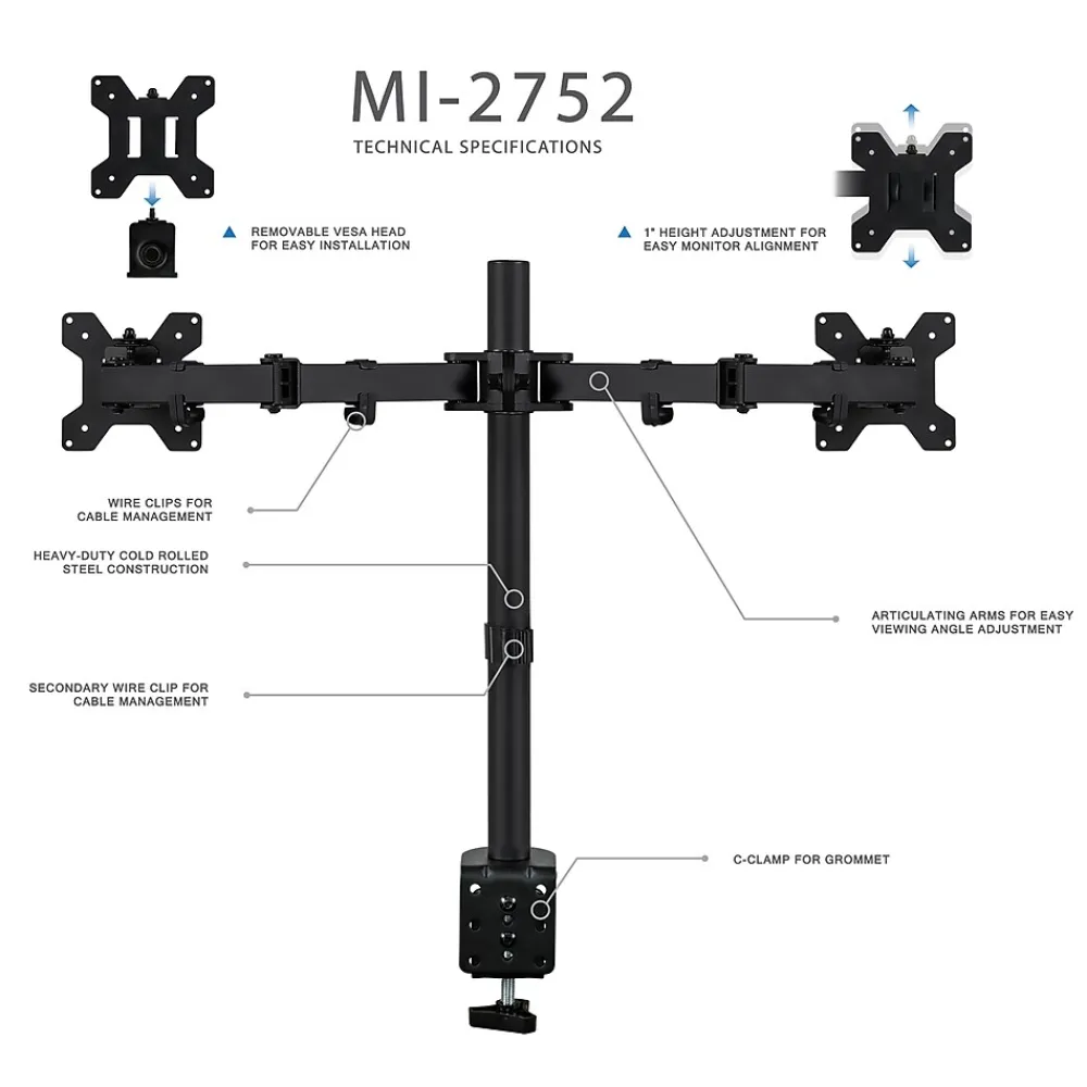 Best Mount-It! Adjustable Dual Monitor Arm Mount, Up To 32" Monitor, Black (MI-2752)