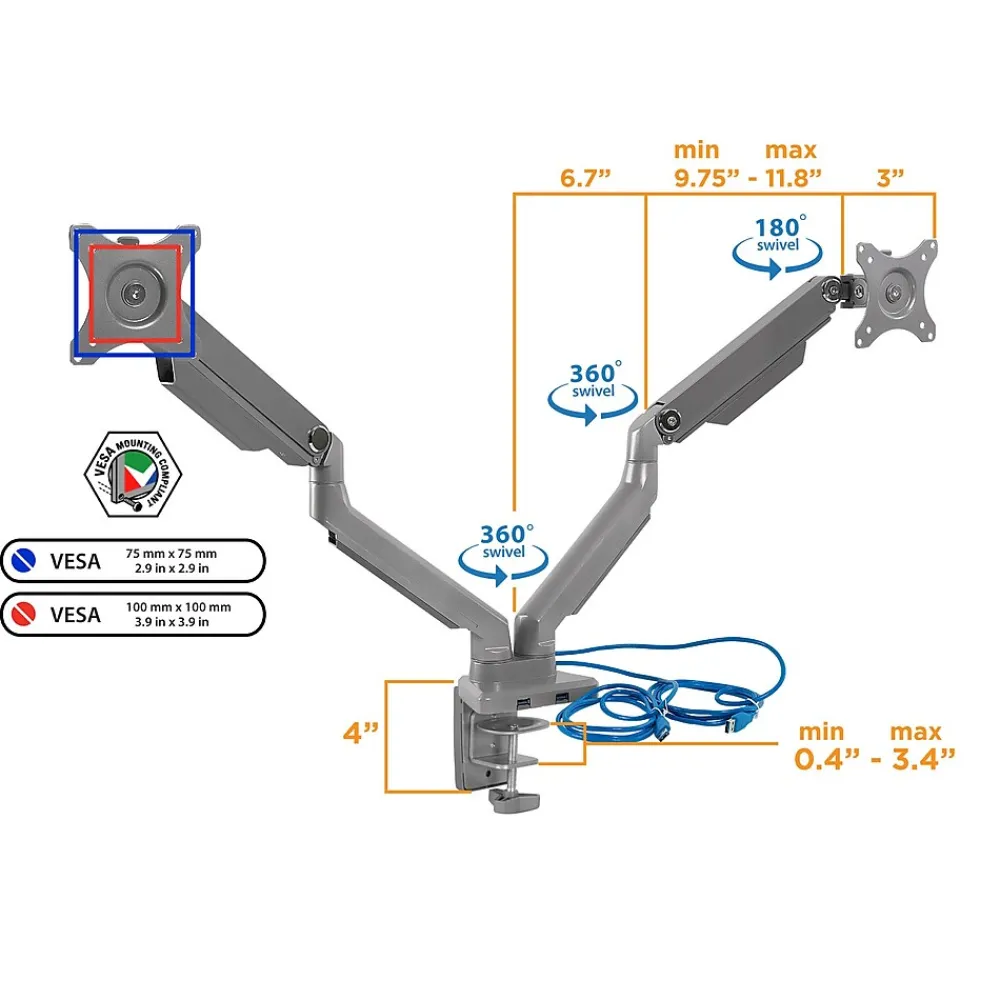 Best Mount-It! Dual Monitor Mount Arm with 2 USB Ports (MI-2762)