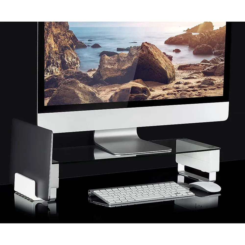 New Mount-It! Glass Computer Monitor Stand with Brushed Aluminum Legs, 66 lbs. Capacity (MI-7264)