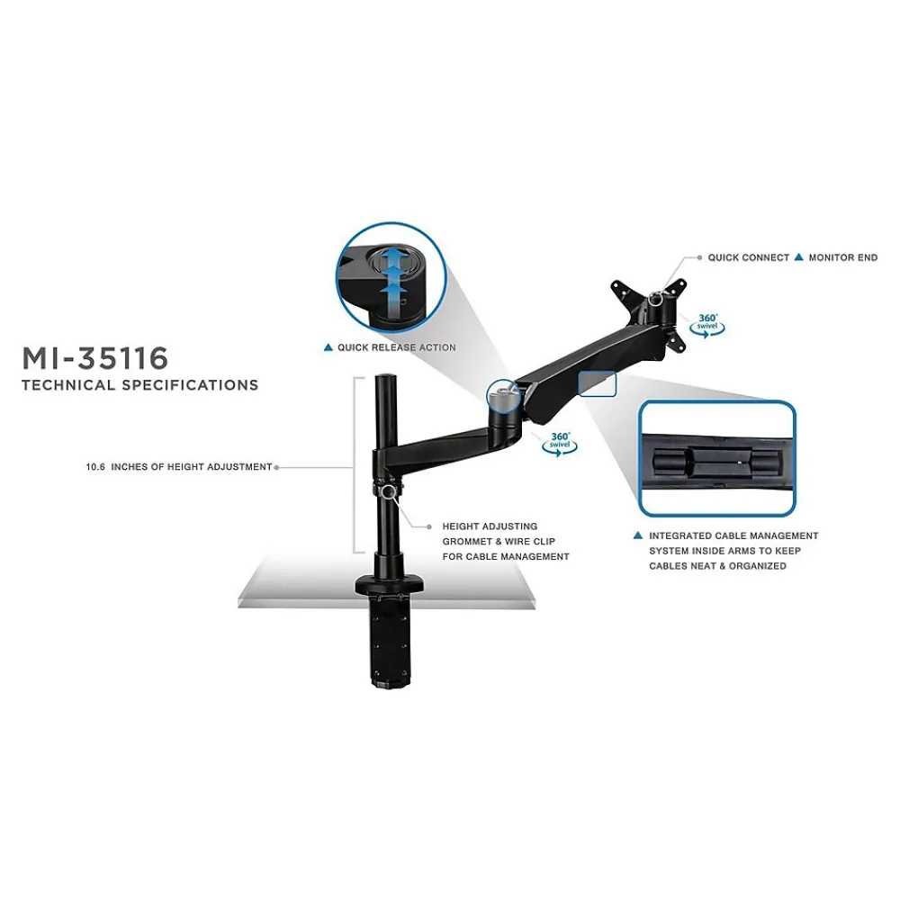 New Mount-It! Modular Desk Mount Adjustable Monitor Mount, Up to 30" Monitors, Black (MI-35111B)