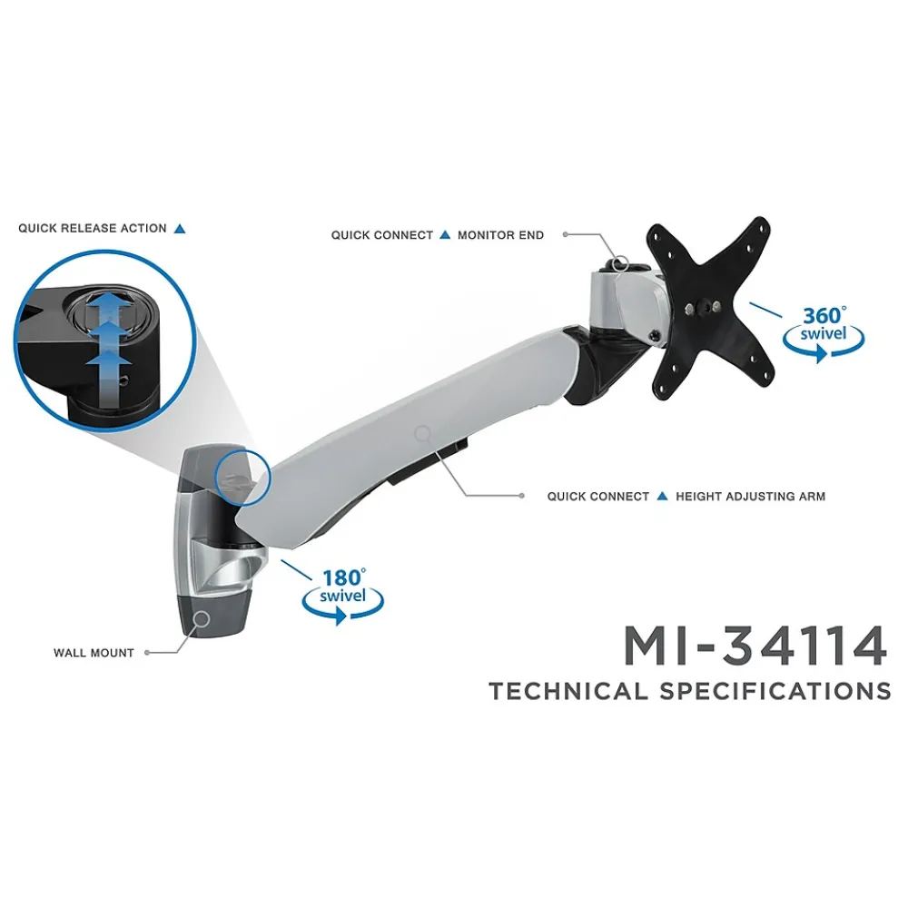 Outlet Mount-It! Modular Mount Adjustable Monitor Arm, Up to 24" Monitors, Gray/Silver (MI-34114)