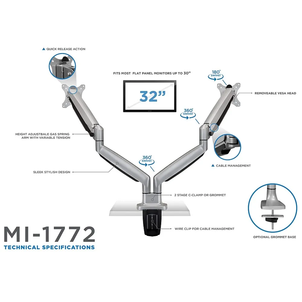 Sale Mount-It! Mount-lt! Adjustable Dual Monitor Arm Mount, Up To 32", Silver (MI-1772)