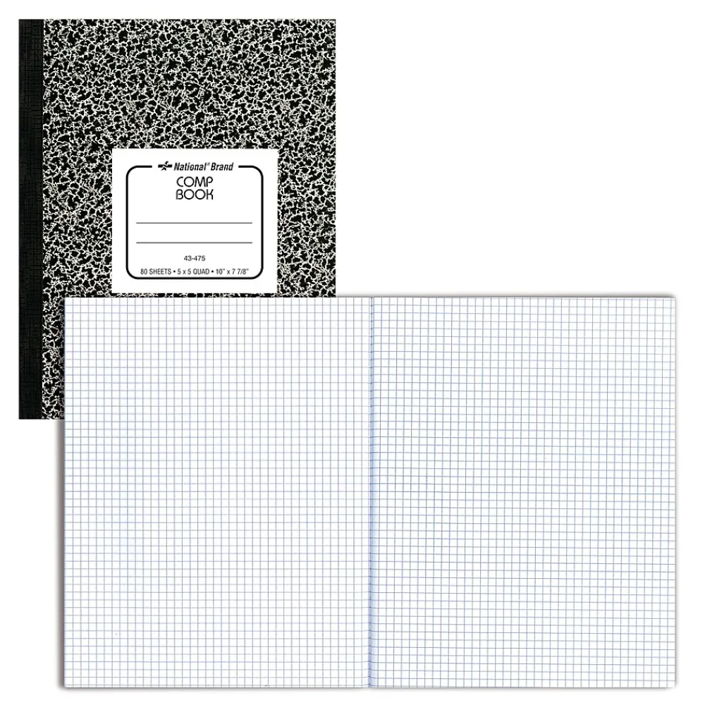 Composition Notebooks|National Brand 1-Subject Composition Notebooks, 7.88" x 10", Quad, 80 Sheets, Black (RED43475)
