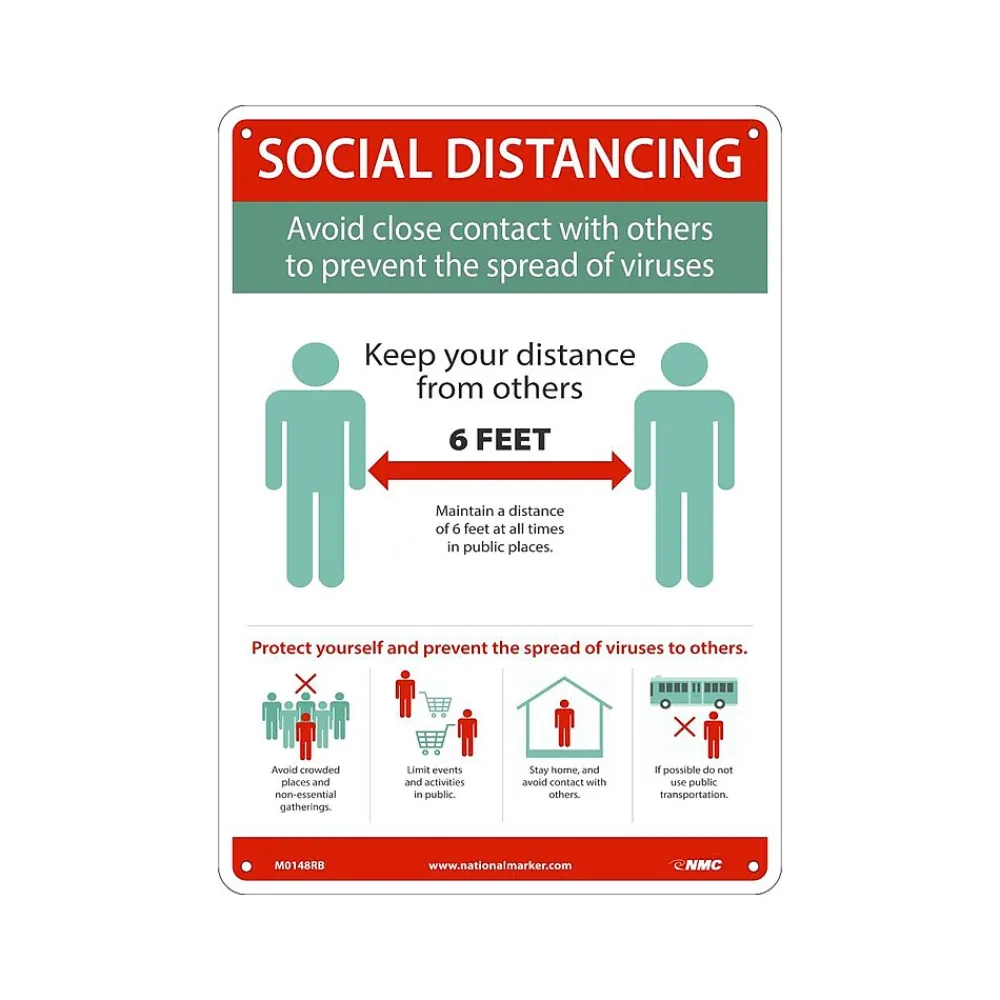 National Marker Wall Sign, "Social Distancing," Plastic, 14" x 10", Green/White/Red (M0148RB)