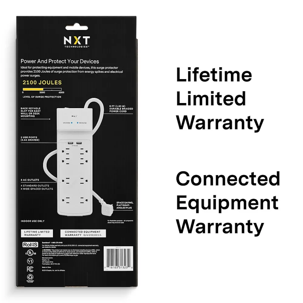 NXT Technologies ™ 8-Outlet Plus USB Surge Protector, 6' Cord, 2100 Joules (NX54317)
