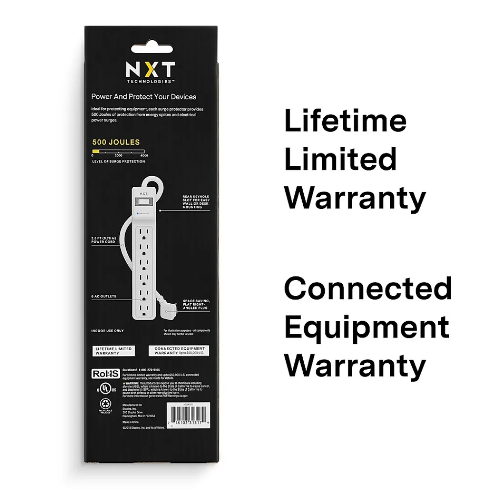 NXT Technologies ™ 6-Outlet Surge Protector, 2.5' Cord, 500 Joules, 2/Pack (NX54311)
