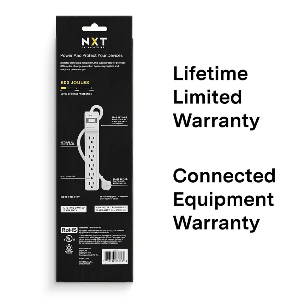 NXT Technologies 6-Outlet Surge Protector, 4' Cord, 600 Joules (NX54312)