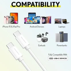 USBC Certified Charging Cables USB-C to USB-C Charging Cable, 10 ft., White, 3/Pack (MFIWHITE10FTX2)<Overtime Discount