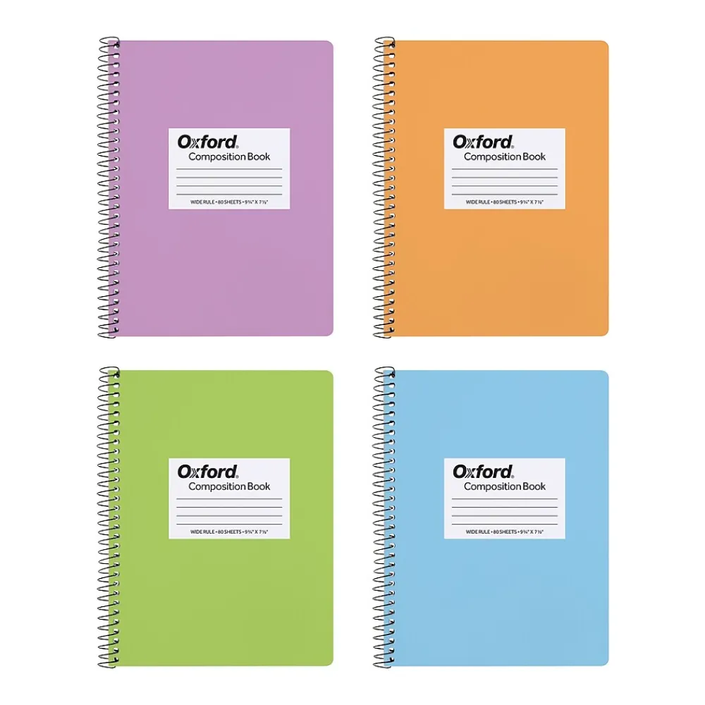 Subject Notebooks|Oxford Composition Notebooks, 7.5" x 9.75", Wide Ruled, 80 Sheets, Assorted Colors, 4/Pack (64946)