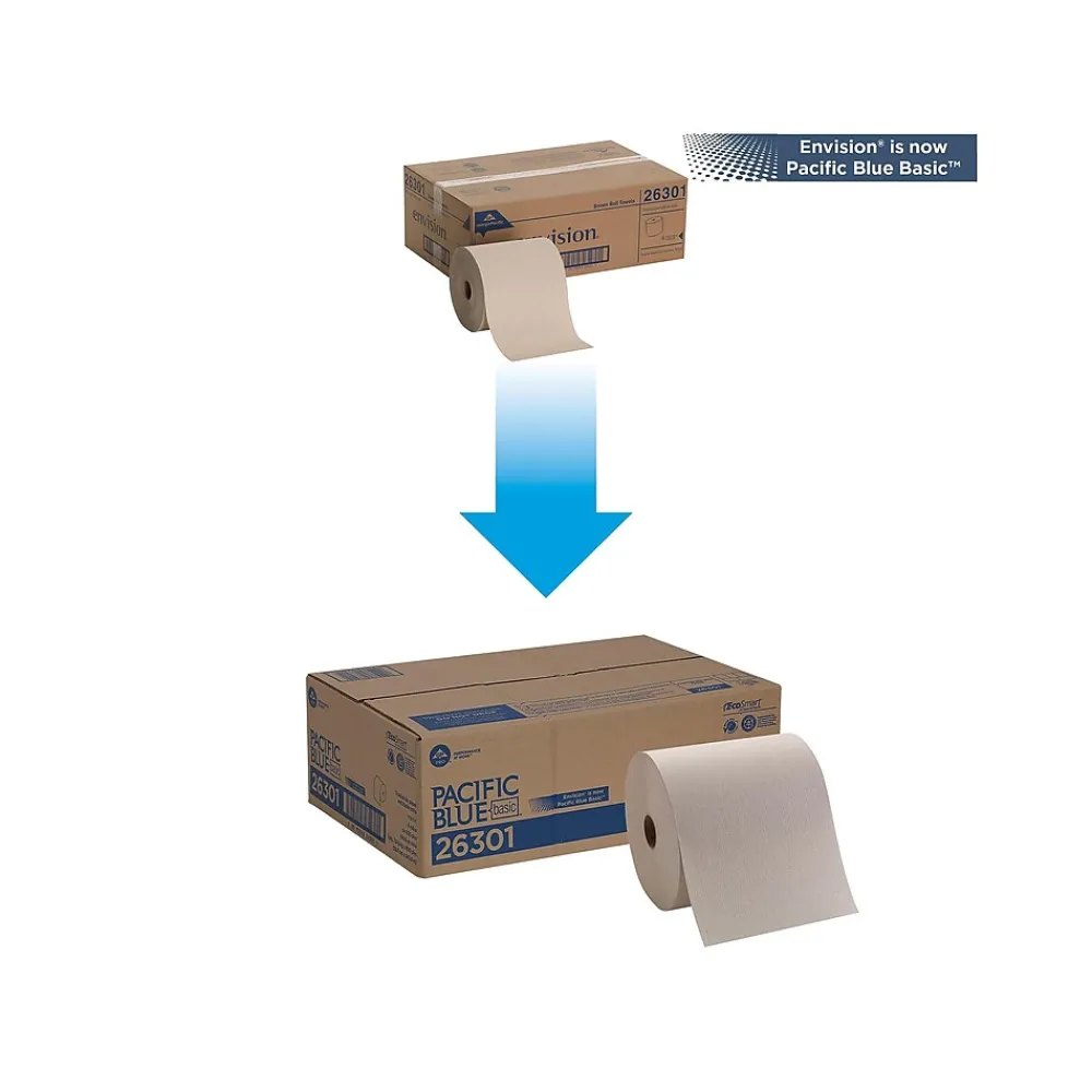 Pacific Blue Basic Recycled Hardwound Paper Towel, 1-Ply, Brown, 800'/Roll, 6 Rolls/Carton (26301)