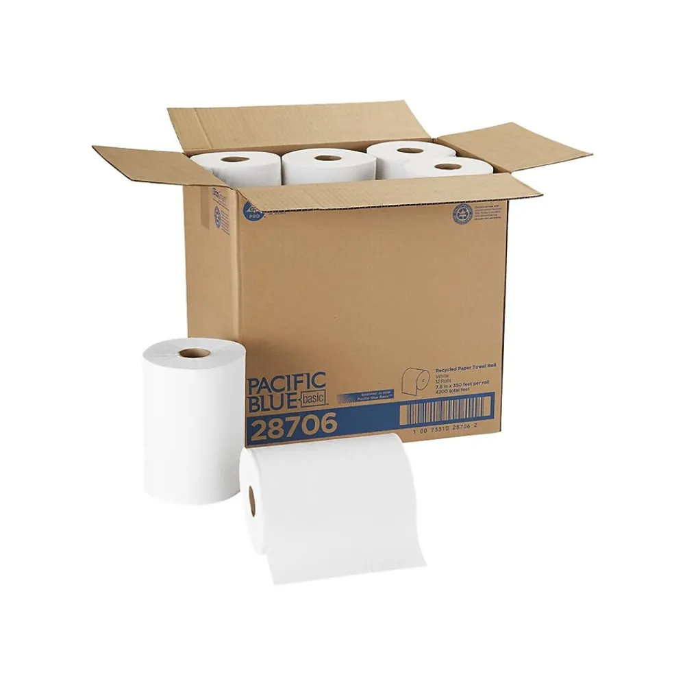 Pacific Blue Basic Recycled Hardwound Paper Towels, 1-ply, 350 ft./Roll, 12 Rolls/Carton (28706)