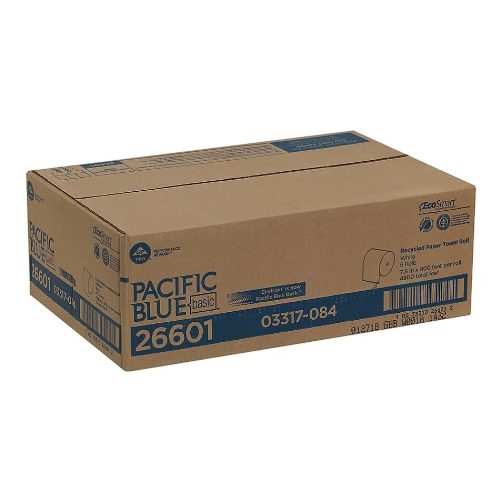 Pacific Blue Basic Recycled Hardwound Paper Towels, 1-ply, 800 ft./Roll, 6 Rolls/Carton (26601)