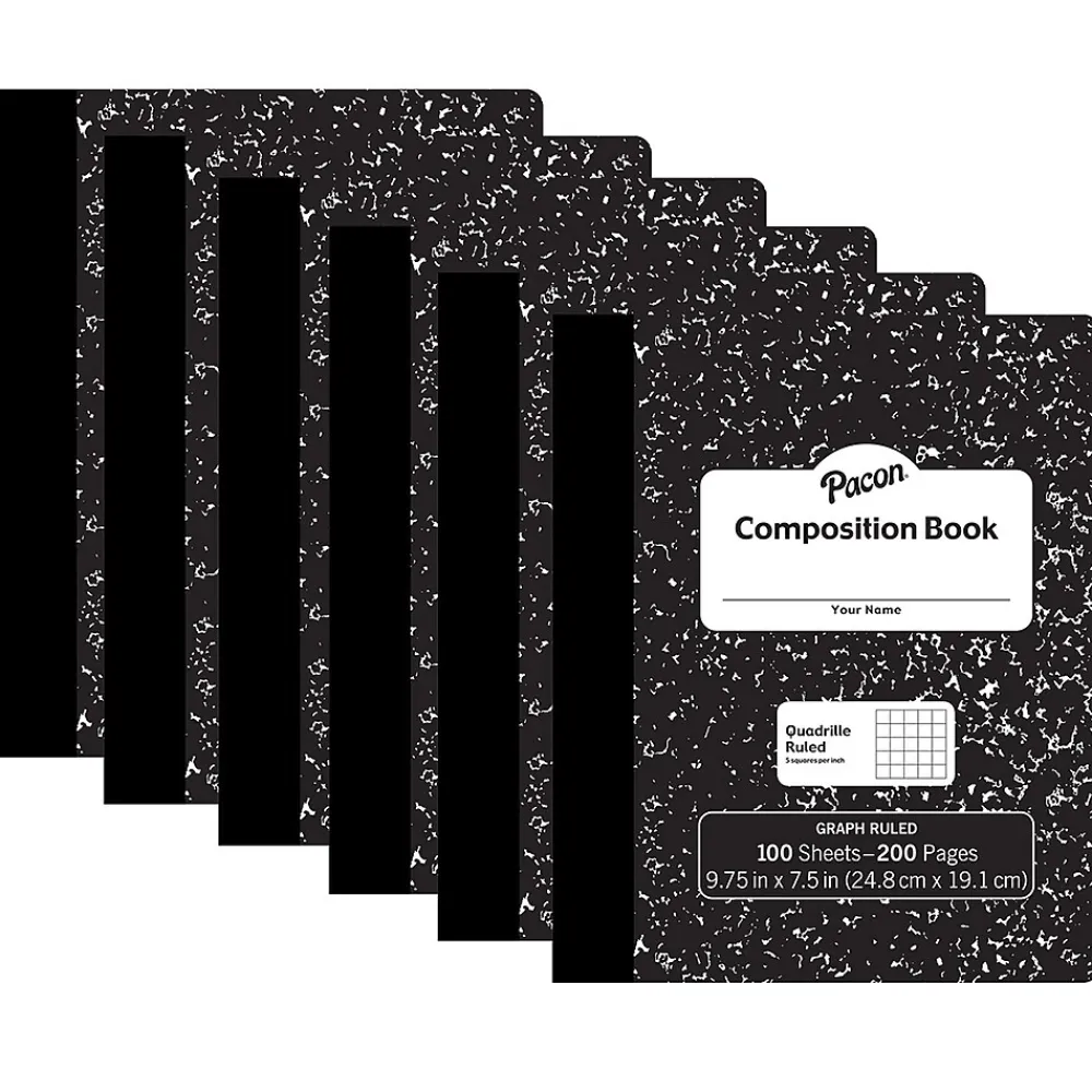 Composition Notebooks|Pacon Composition Notebooks, 9.75" x 7.5", Quad Ruled, 100 Sheets, Black, 6/Bundle (PACMMK37103-6)